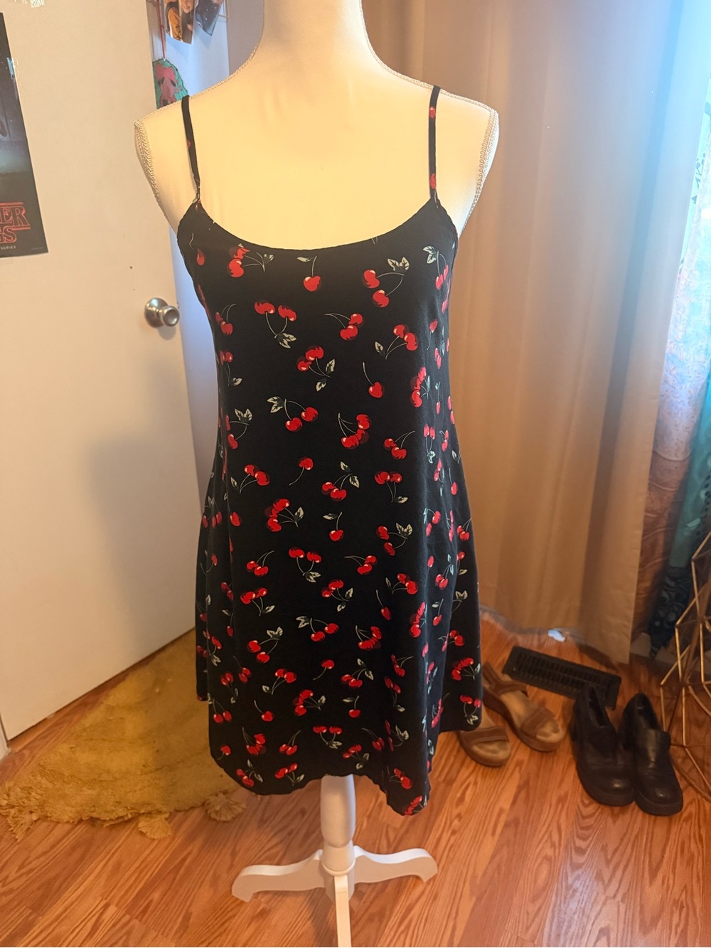 Cherry Print Spaghetti Strap Dress - Black & Red